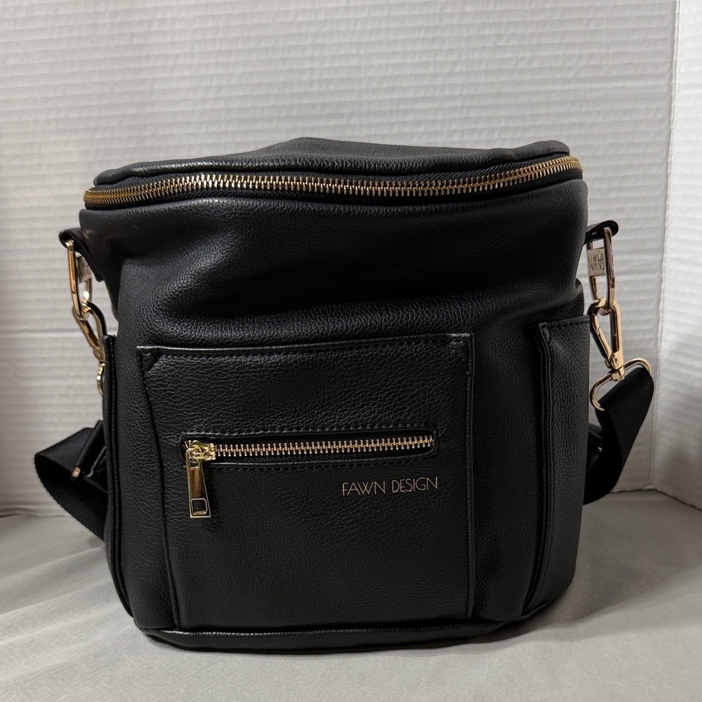 Fawn Design Black  Messenger Diaper Bag  Backpack Gold Accents Crossybody Strap